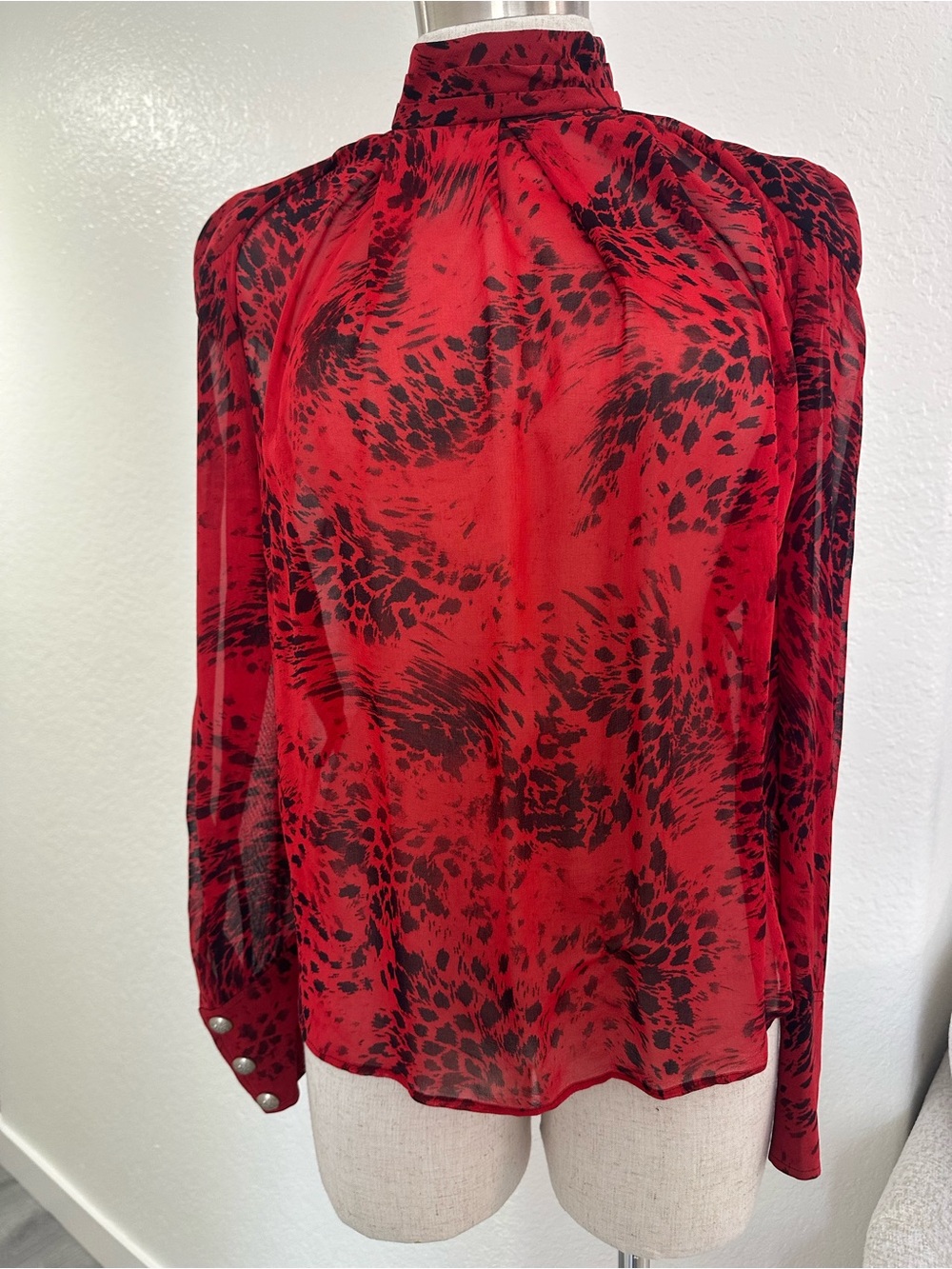 Pierre Balmain Red and Black Printed High-Neck Blouse